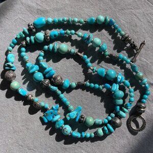 Fetish Necklace, Peyote Bird Designs, Turquoise Sterling Silver, 35.5" long, 70g